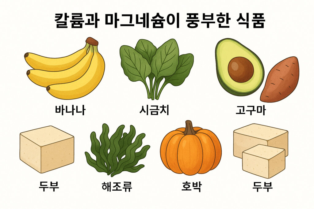 칼륨과 마그네슘이 풍부한 식품들 정리된 일러스트